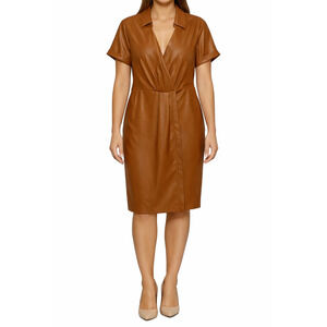 9 West Dress Size M Brown Faux Leather Wrap Short Sleeve Collar V Neck EUC